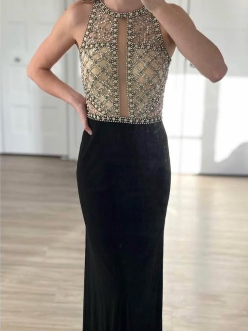 Joseph Ribkoff Black Skirt with Nude Beaded Halter Bodice Dress
